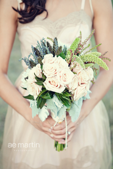 Bridal bouquet with pink blush roses dusty miller white dahlias bay 